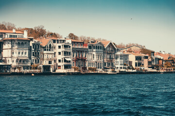 Cityscape with residential buildings on Bosphorus coast on sunny day, Istanbul, Türkiye