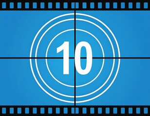 A blue movie countdown with the number 10 in the center, framed by filmstrip edges
