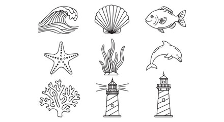 Set of handdrawn marine life and coastal elements icons isolated on transparent background