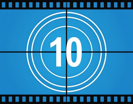 A blue movie countdown with the number 10 in the center, framed by filmstrip edges - Powered by Adobe