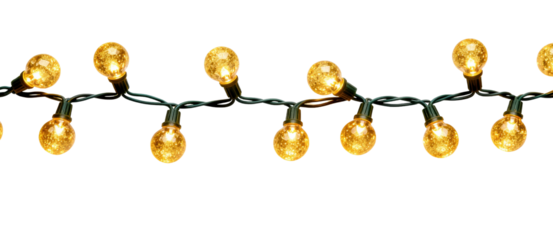 Golden bulbs string lights isolated on transparent background, clean cutout with no shadow for Christmas decor. Works as a festive border or overlay for posters, invitations, headers, and ads.