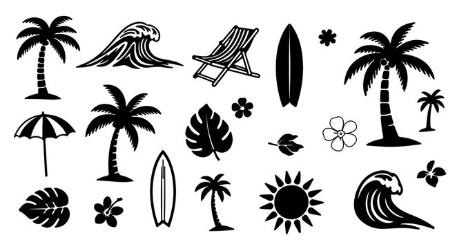 Collection of black silhouette tropical beach elements including palm trees surfboards waves and beach chair