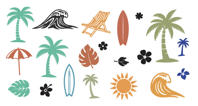Vibrant tropical beach elements collection featuring palm trees surfboards waves sun and beach chair