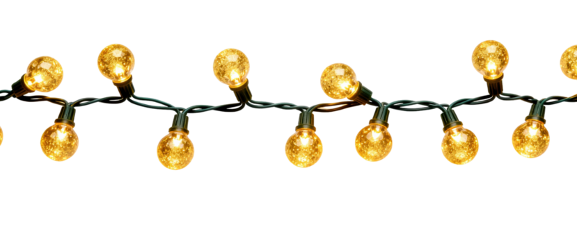 Golden bulbs string lights isolated on transparent background, clean cutout with no shadow for Christmas decor. Works as a festive border or overlay for posters, invitations, headers, and ads.