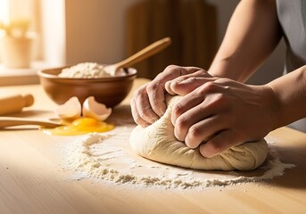 Baking dough recipe homemade bread making kneading flour eggs hands kitchen cooking tutorial guide tips