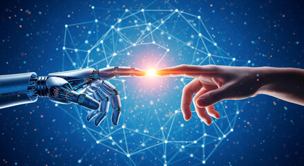 Witness the future of connection as human and robot hands meet, showcasing AI development and progress in technology with a modern, digital touch on a vibrant blue background