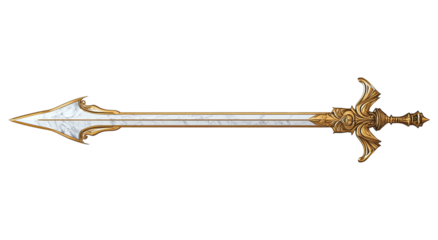 Intricate, ornate sword with a pearly blade against a black background