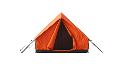 Hyperrealistic portrait of traditional orange camping tent isolated on black background