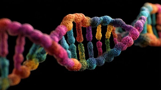 A vibrant, multi-colored double helix model of genetic material, twisting against a stark black background, demonstrating its structure