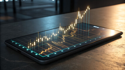 Digital tablet displaying glowing financial stock chart with rising trend line representing success growth data analysis and investment technology concept