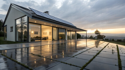 Obraz premium Modern eco house with solar panels reflecting sunset light after rain symbolizing sustainable living renewable energy and environmental innovation