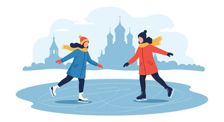 Two young girls enjoying a delightful ice skating session in a scenic winter landscape with cityscape in the background