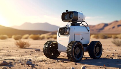 A modern robotic rover, white and black, with large eye-like sensors and all-terrain wheels stands on a desert landscape, backlit by a setting sun
