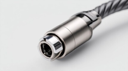 Macro shot of a metallic cable lock mechanism. The silver-toned parts are cylindrical and attach to a thicker, braided cable. The background is plain white