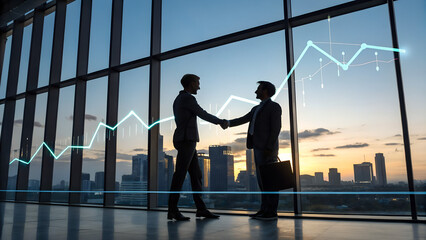 Two businessmen shaking hands in modern office with rising financial graph overlay symbolizing success partnership investment and economic growth concept