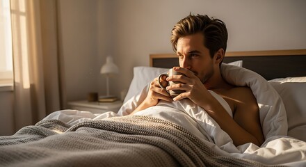 Young man enjoying a warm drink in bed during a peaceful morning.