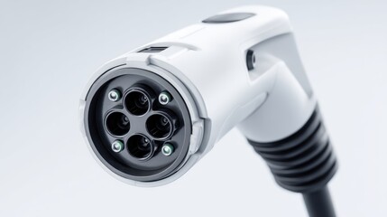Close-up of a white, modern charging connector for electric vehicles, showcasing its circular head and power pins on a gradient background