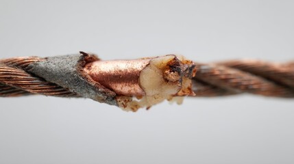 Obraz premium A close-up shows a damaged cable end, with exposed copper wires emerging from a frayed, protective outer layer. The background is a plain white