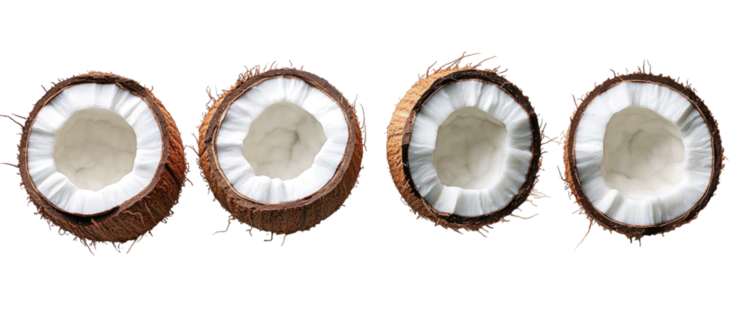 Four halves of coconuts show their white flesh