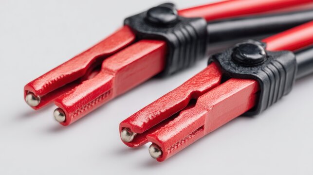 Close-up view of two red and black electrical clamps with metal tips, connected to wires, on a white surface