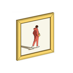 Isometric Vector Illustration of Person in Hoody Walking Inside a Yellow Picture Frame