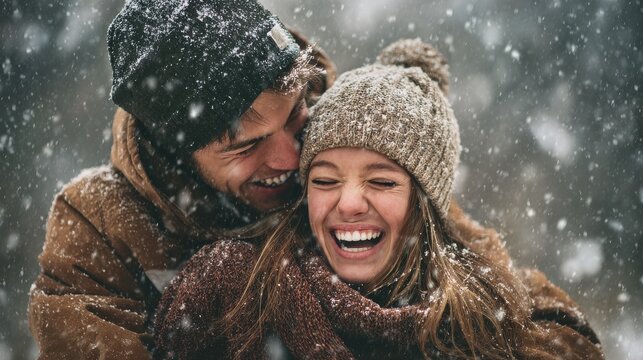 people season love and leisure concept  happy couple hugging and laughing outdoors in winter no logos no brands ar 169