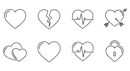Collection of heart icons with different meanings, isolated on transparent background