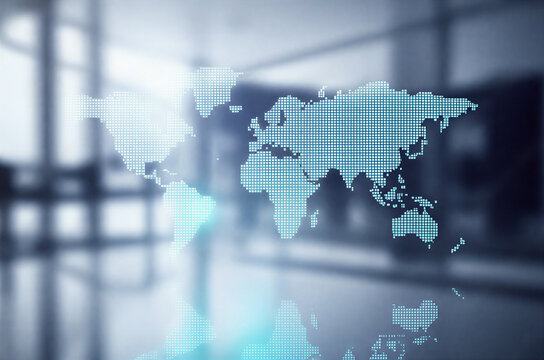 Global network concept with a digital world map overlayed on a modern blurred office interior, representing international business communication and technological advancement in a corporate setting - Powered by Adobe