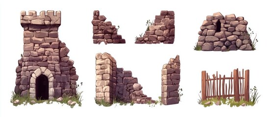 Ruined Stone Structures and Wooden Gate Illustration