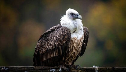 A perched scavenger bird displays striking white neck ruff against a blurred, autumnal backdrop. The raptor is captured in natural light