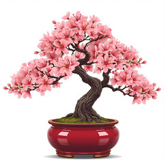 Graceful bonsai tree blooming with vibrant pink cherry blossoms in a rich red pot