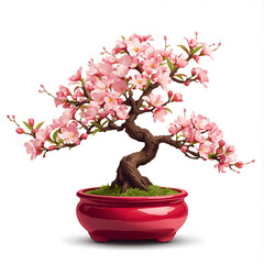 Delicate pink cherry blossoms adorn a beautifully sculpted bonsai tree in a vibrant red pot.