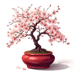 Delicate pink cherry blossoms bloom on a meticulously shaped bonsai tree in a vibrant red pot.