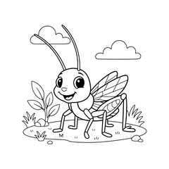 Friendly Cartoon Cricket Coloring Page – Black Line Art on White