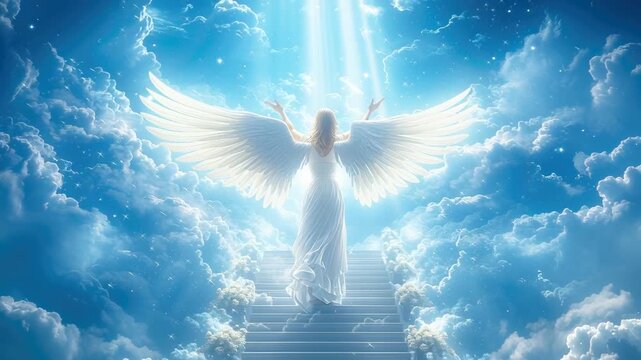 Sacred flight moment: angel path, shining wing, soul lift, spirit voyage, divine way, holy step, final climb, celestial realm, gentle rise, heaven gate, radiant travel