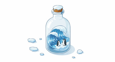 Charming illustration of a bottle containing a miniature ocean with two penguins and ice floes, evoking a sense of wonder and isolation