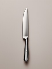Stainless steel kitchen knife with a sleek blade and ergonomic handle, resting on a smooth neutral background, showcasing its sharpness and design for culinary enthusiasts