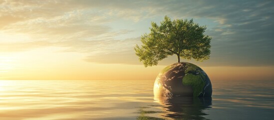 Tree on Earth in Sea at Sunset