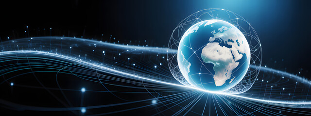 Global Network: A digital rendering of the Earth, encompassed by interconnected lines, symbolizes global connectivity and data flow in a futuristic display.