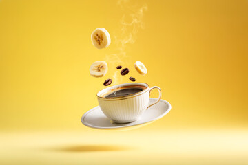 Banana Coffee. Banana Slices And Coffee Beans Flying Above Hot Coffee Cup On Yellow Background. Concept Of Flavored Coffee, Creative Beverage Promotion, Food Advertising, And Café Menu Visuals