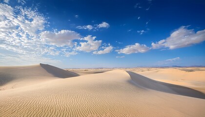 breathtaking view of pristine white sand dunes under a vibrant blue sky with fluffy clouds in a serene desert landscape