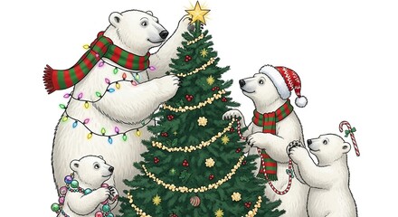 Family of polar bears decorating a christmas tree isolated on white background