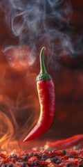 Spicy red chili pepper with flavorful smoke against a fiery backdrop is perfect for adding heat to your culinary projects and recipes online