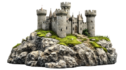 Historic stone castle miniature model displayed on rocky landscape