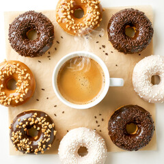 Assorted Donuts And Cup Of Hot Coffee Arranged In Flat Lay On White Table. Concept Of Coffee Break, Sweet Breakfast, Coffee Shop Menu, Bakery Advertising, Morning Treats, And Cozy Food Visuals