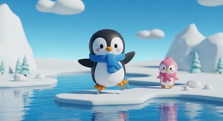 Naklejka premium Cute cartoon penguins ice skating on a frozen pond in winter