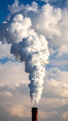 A tall industrial chimney emits dense white smoke against a partly cloudy blue sky