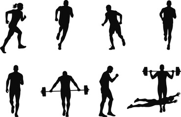 Naklejka premium Silhouette of athletes running, lifting weights, boxing, swimming, performing various sports and fitness training exercises, strength and endurance concept illustration