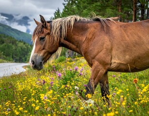 Fototapeta premium A brown horse grazes in a field of wildflowers near a road with a mountain backdrop
