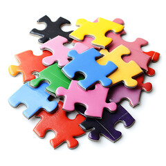 Fototapeta premium Colorful puzzle pieces scattered in a pile, ready to be assembled, symbolizing problem-solving and teamwork on a white background, easy to use.